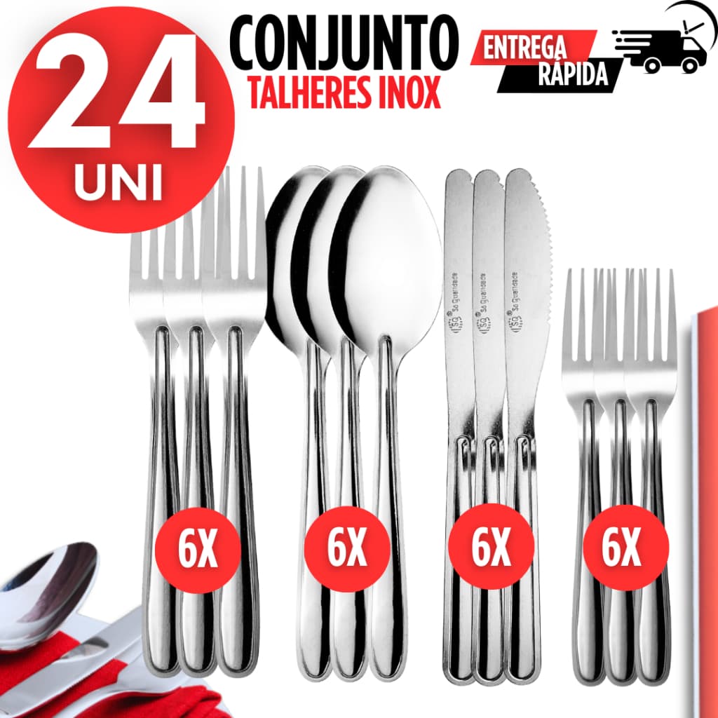 Jogo 24 Talheres Inox Jogo Completo com Facas Garfos Colheres e Garfo de Sobremesa
