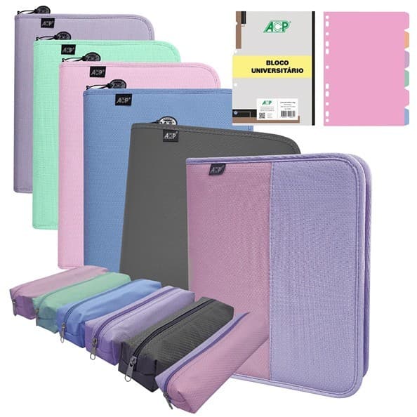 Fichário Universitário 4 Argolas, Zíper Sweet Pastel Com Estojo Acp