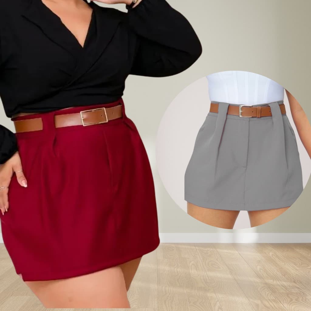 Kit 2 short Com Cinto Feminina Alfaiataria Vinho e Cinza Plus - Moda feita para você
