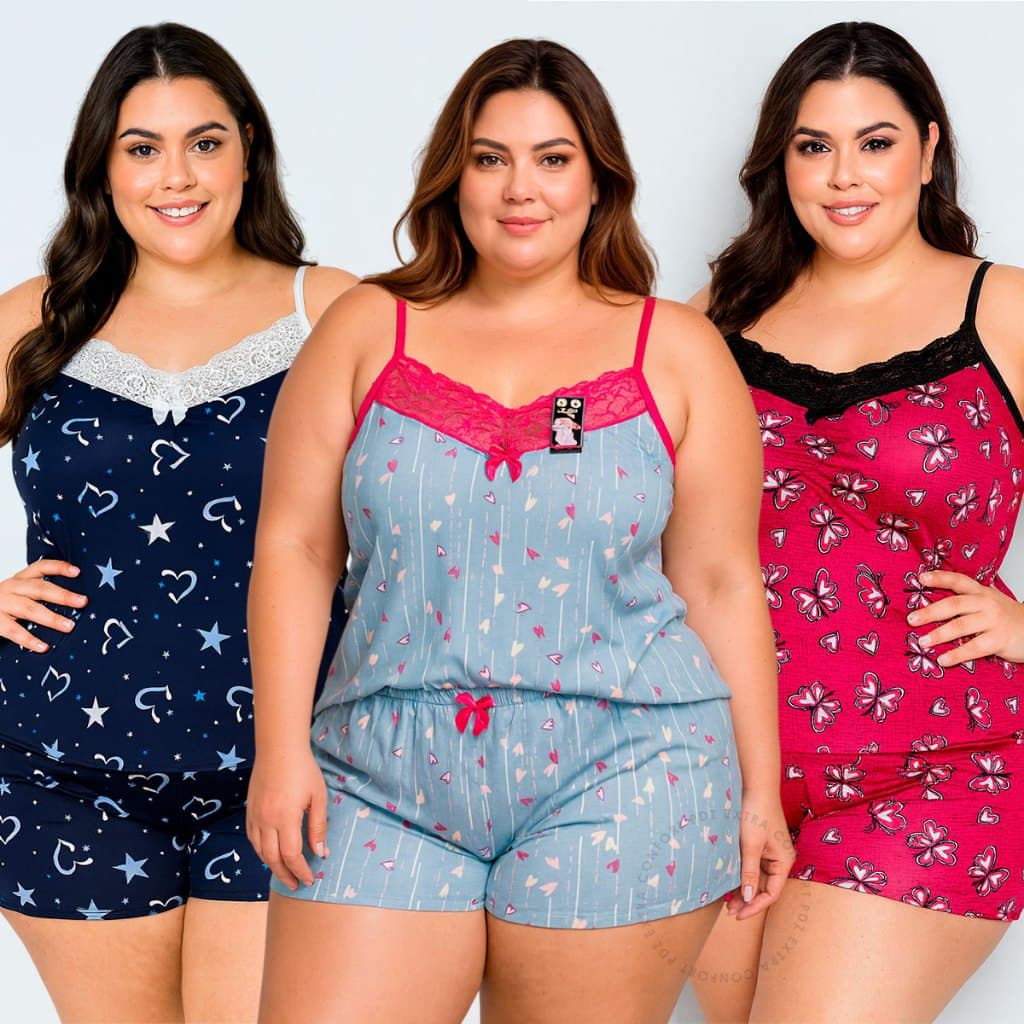 Kit 3 Short Doll Liganete Plus Size Estampado Renda Confortável Feminino Dormir