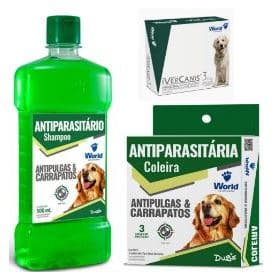 Kit Anti Pulgas e Carrapato Para Cães DUGS  Coleira Shampoo Ivercanis 3mg World