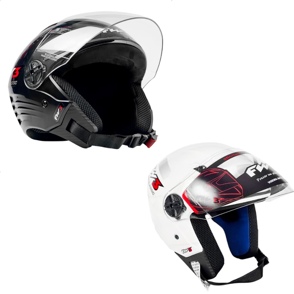 Capacete Moto Motociclista x Classic Open Preto/Branco Brilhante Fw3