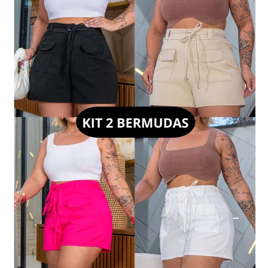 Kit 2 Bermudas Feminina Bolso Frontal Tecido Crepe Social Elegante Plus Size 48 ao 58 All Curve