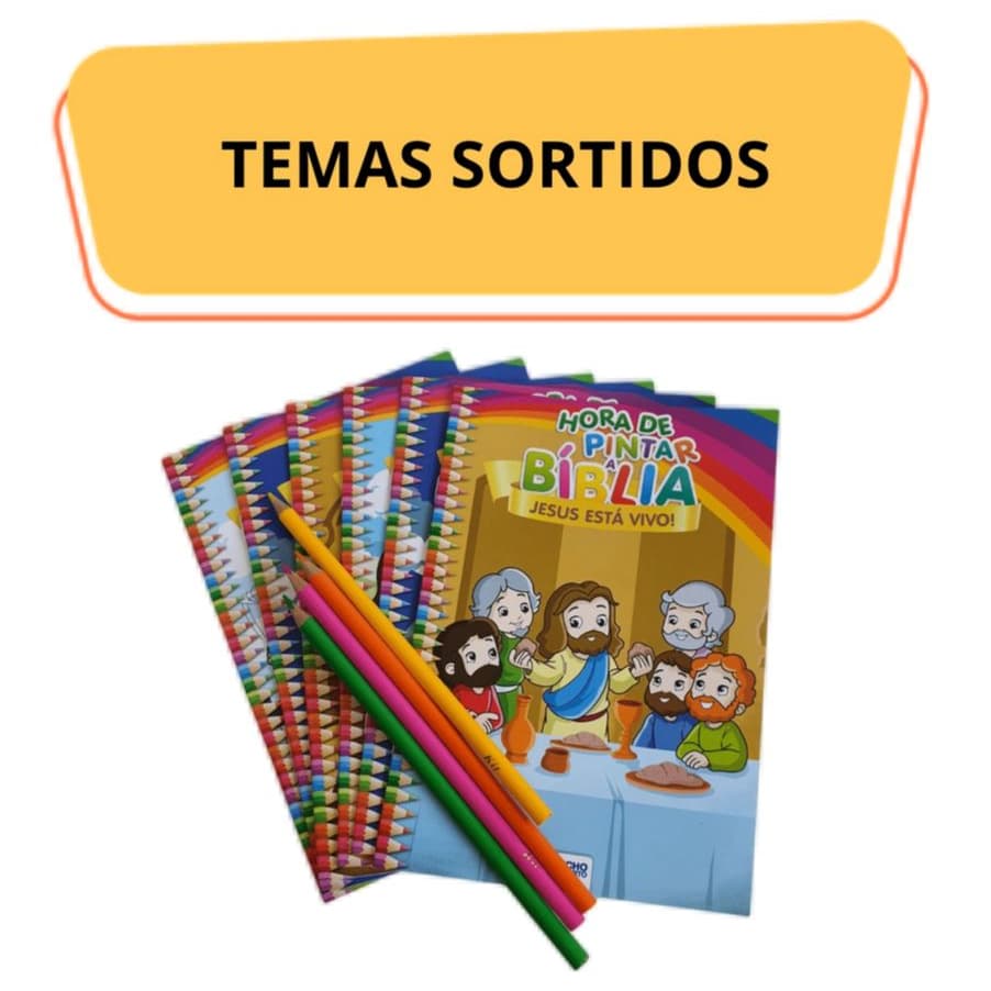 Kit 8 Revistinnhas de Colorir Temas Bíblicos + 1 Caixa de Lápis de Cor Lembrancinhas Festas Brindes
