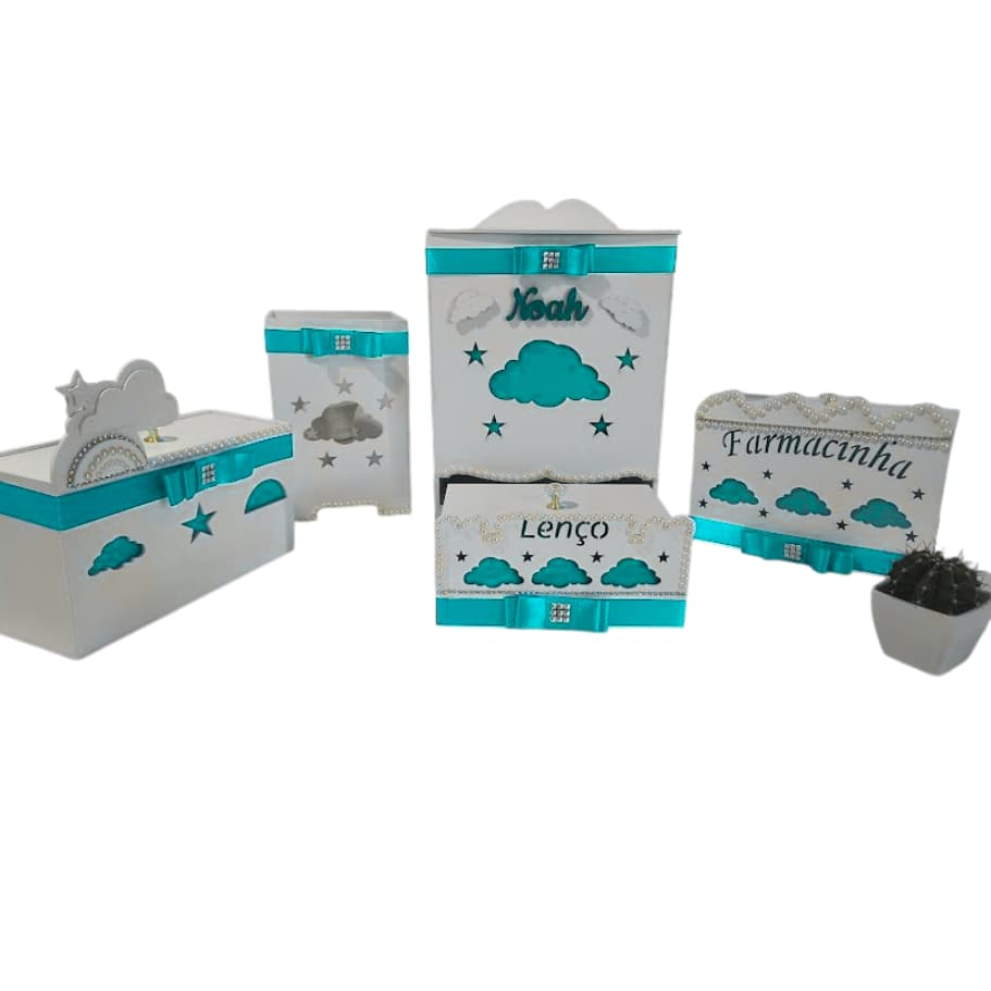 Kit Higiene Bebê Nuvem na cor Azul turquesa menino – Porta Fraldas, Farmacinha, Potes, Lixeira e mais