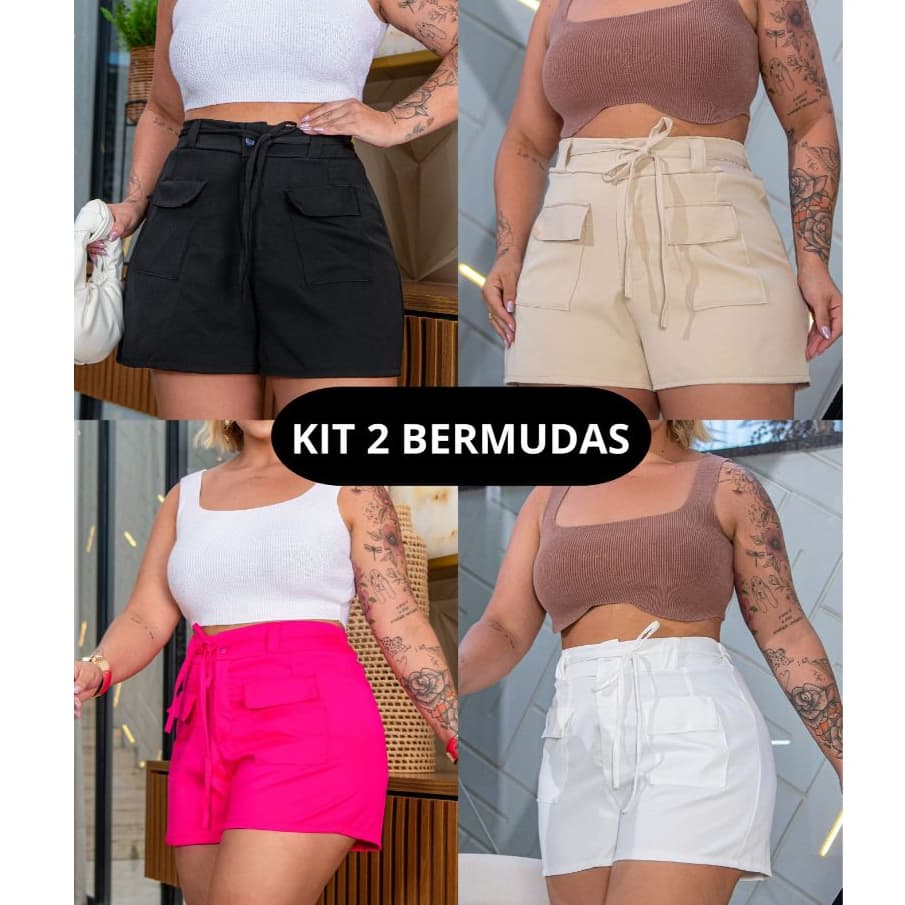 2 Bermudas Feminina Bolso Frontal Tecido Crepe Social Elegante Plus Size Veste 48 ao 58 All Curve