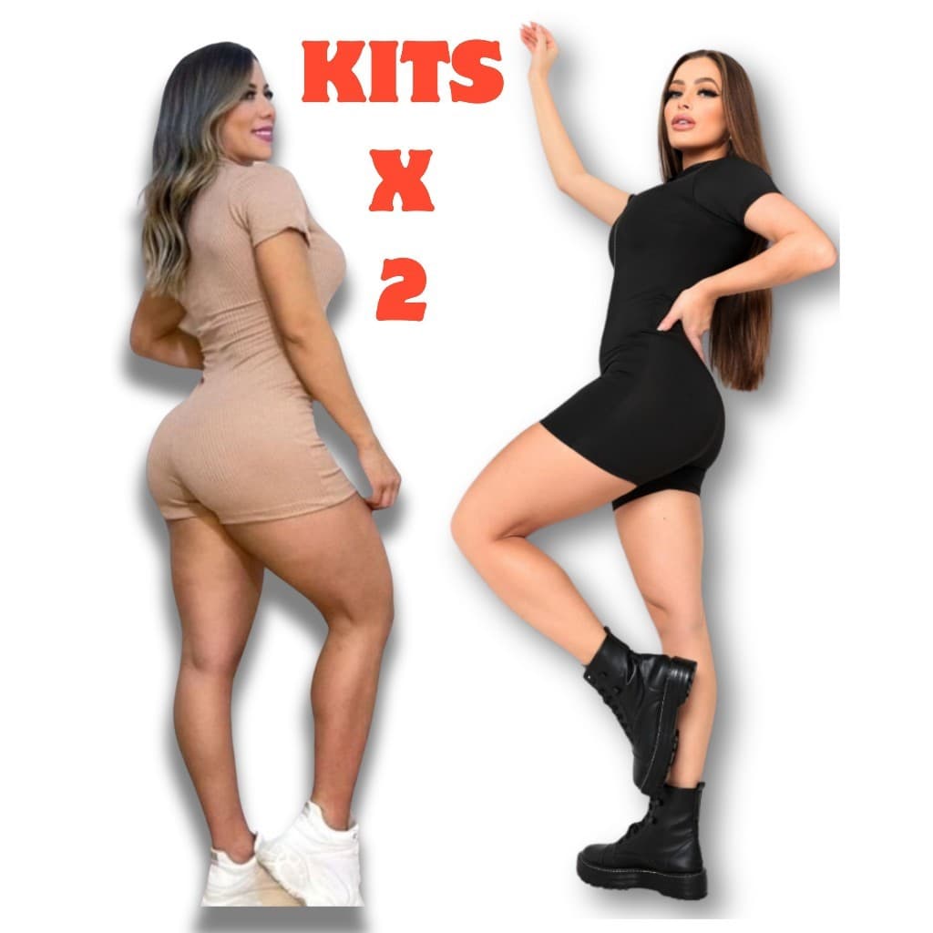Kit 2 Peças Macaquinho Fitness Canelado Verão 2025 Com Zíper Frontal