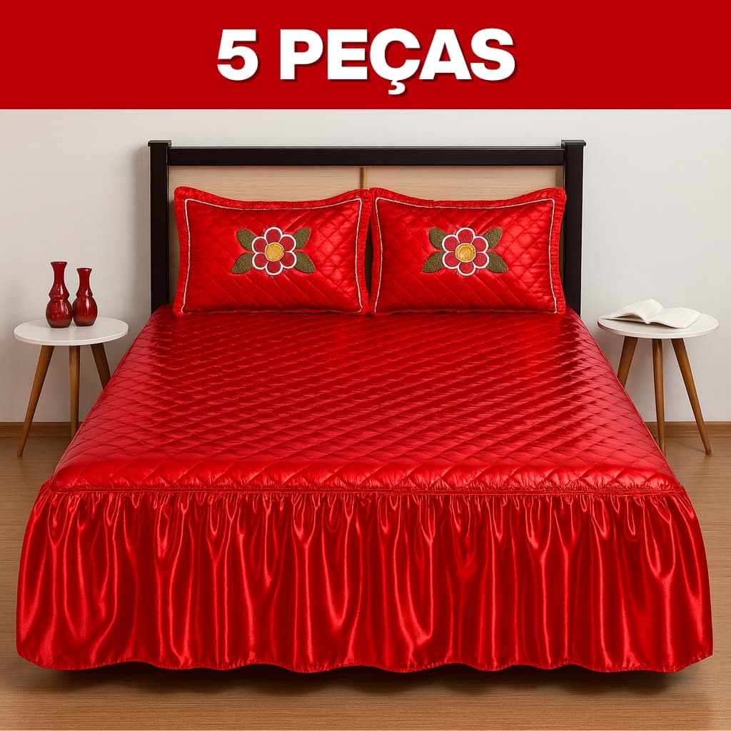 Kit Colcha Cobre Leito Cetim 5 ou 3 Peças Matelassê Babado Casal Solteiro 2 Fronhas 2 Travesseiros