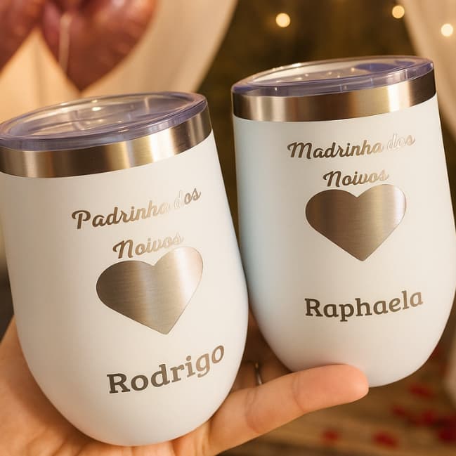Kit 2 Copos Térmicos Inox Personalizados - Padrinho e Madrinha - Presente Especial Batizado