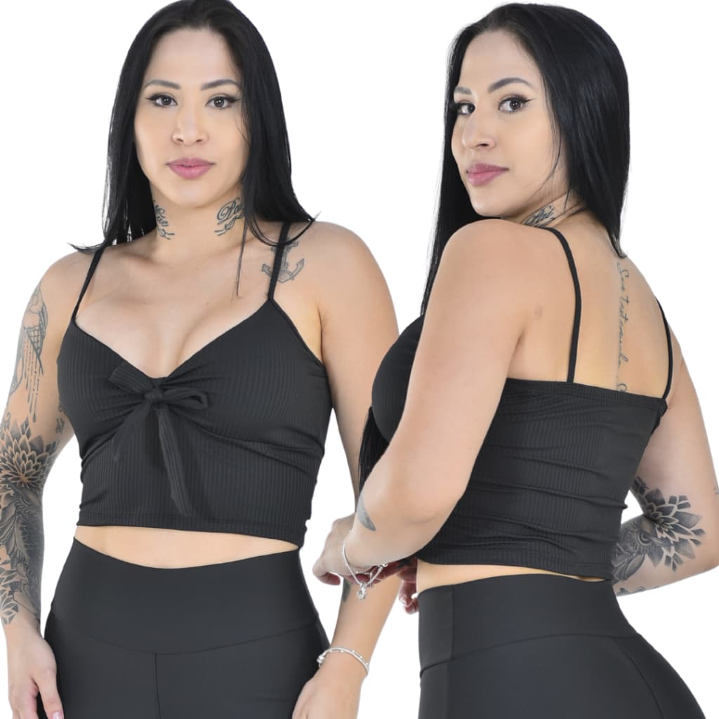Cropped Feminino Decote Canelado Alça Fina Frente Laço