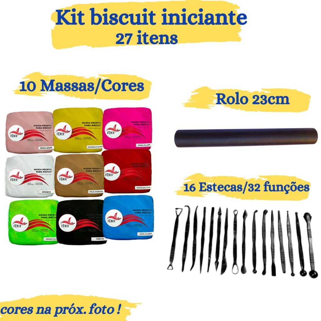 Kit Biscuit Iniciante - 10 Massas + 16 estecas + Rolo 23 cm ( Escolha as Cores )