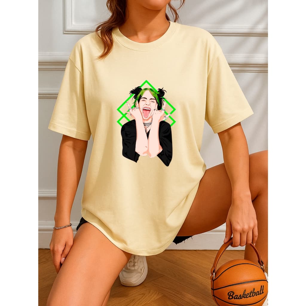 Camiseta Oversized Feminina Estampada 100% Algodão Billie Elish Moda Tendência Cantora