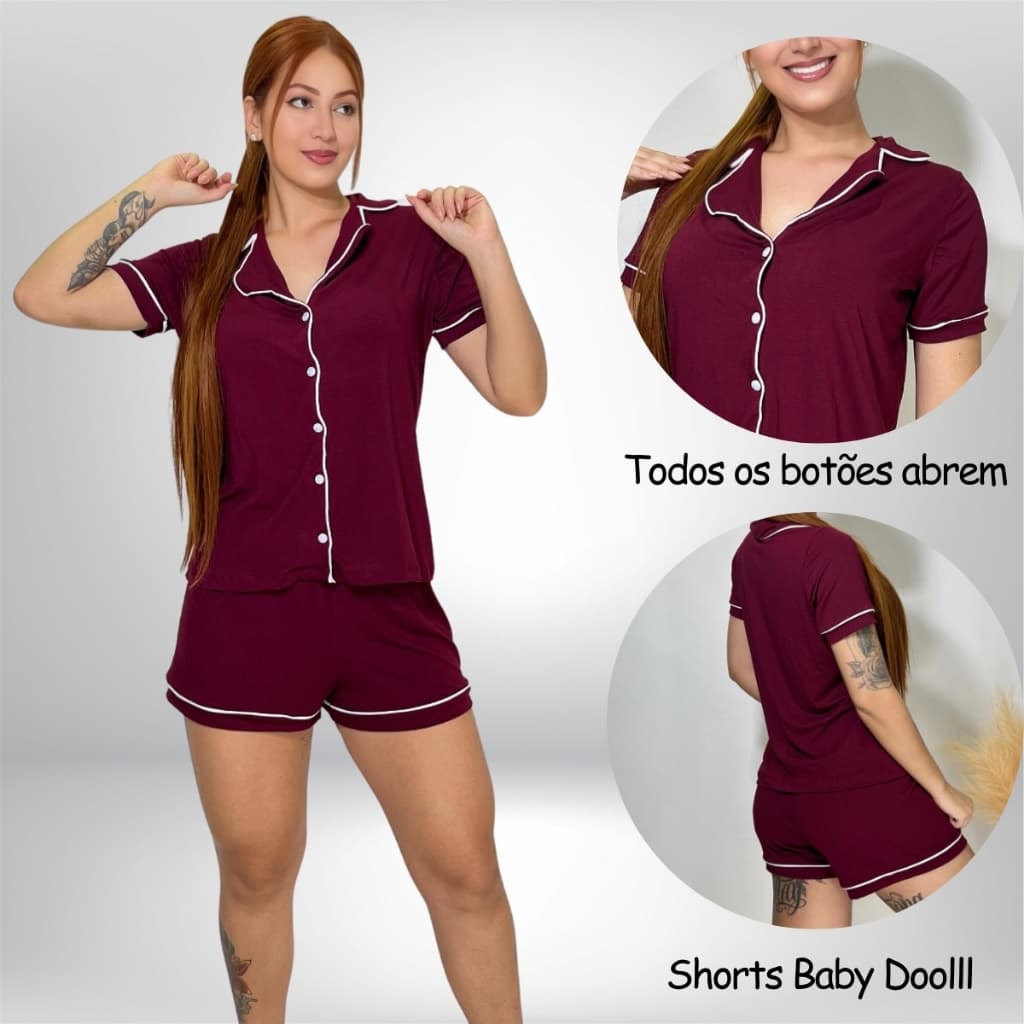 Pijama Feminino Manga Curta Americano Short Doll Verão Com Botões