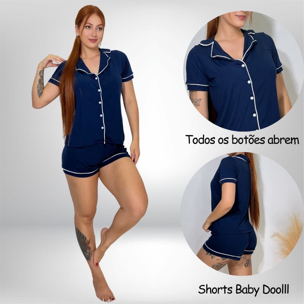 Pijama Curto Feminino Americano Verão Com Short Baby Doll De Botões