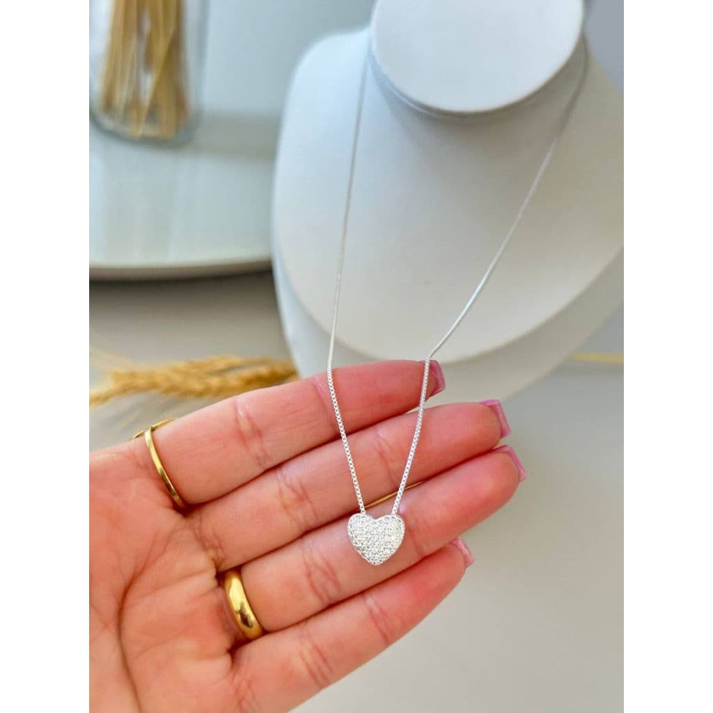 Lindo Colar com pingente de coração feminino da moda, incrustado com zircônia, banhado a prata 925e Ouro Aço Folheado