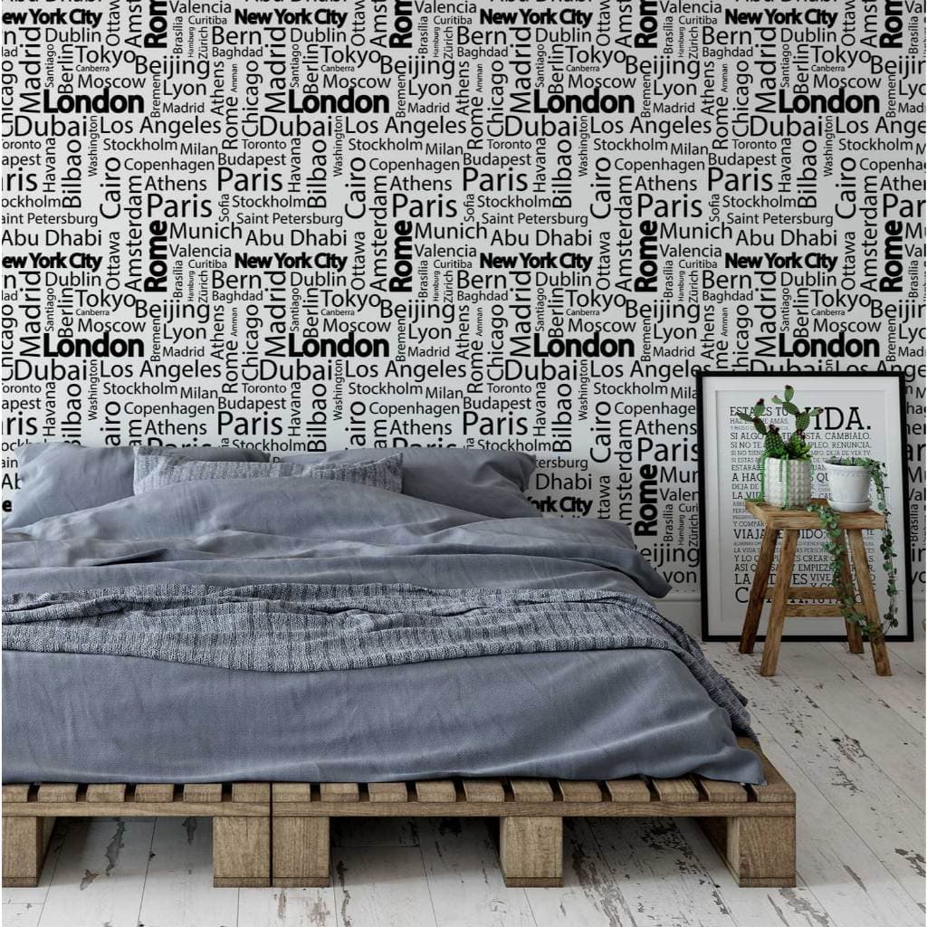 Papel de Parede Adesivo Decorativo Temático Nome de Cidade Turísticas Monocromático