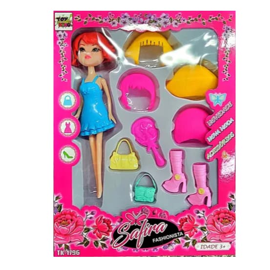 Brinquedo Boneca Fashion C/ Acessórios Troca De Roupa/cabelo e 8 Acessórios Moda