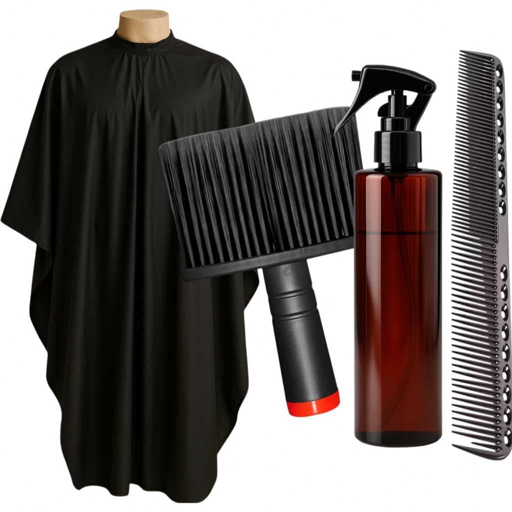 Kit Barbeiro Profissional Capa De Corte + Borrifador + Pente Carbono + Espanador Profissional