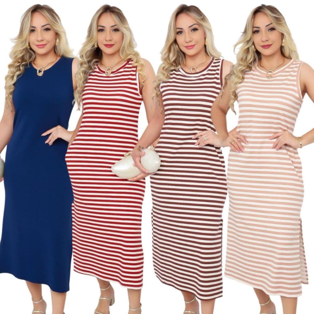 Vestido Midi Longo Regata Listrado com Bolso e Fenda Lateral Moda Feminina