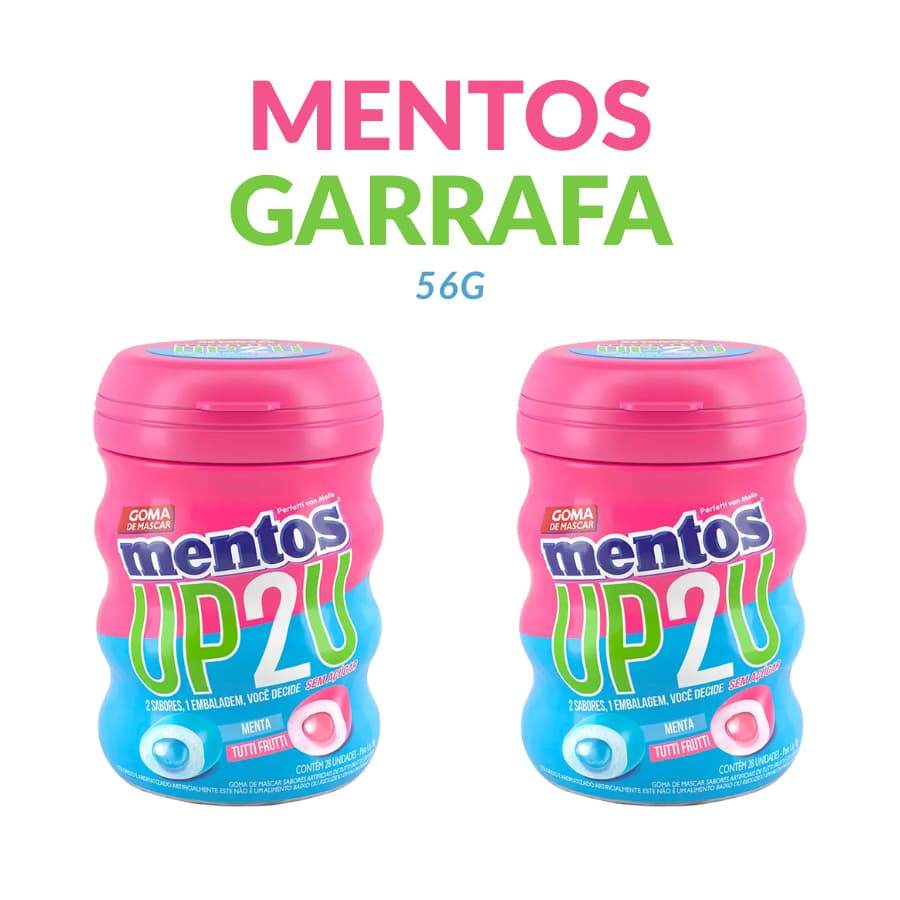 Kit 2 Chiclete Goma Mentos UP2U 56g Sem Açúcar – Garrafa | 2 Sabores