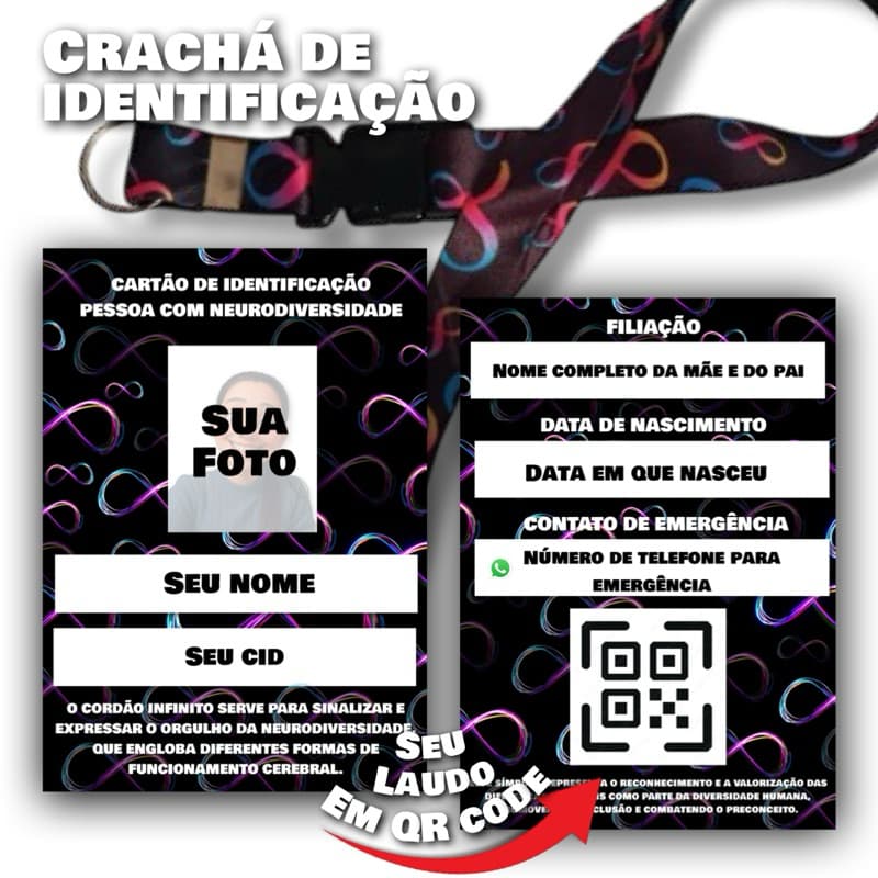 kit Cordão Infinito + Crachá + Qr Code Com Seu Laudo Médico