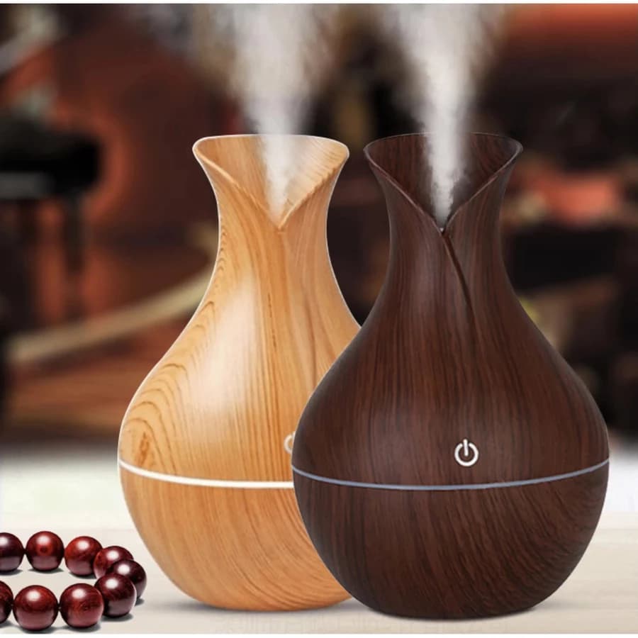 Umidificador Design de Vaso Aromatizador Silencioso textura de Madeira Recarregável com LED B-MAX