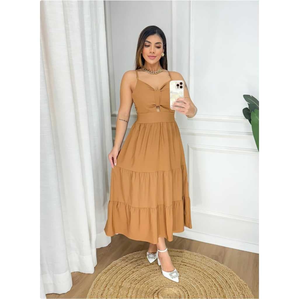 VESTIDO FEMENINO LARISSA BABADO DECOTE V PARA LOOK  ELEGANTE