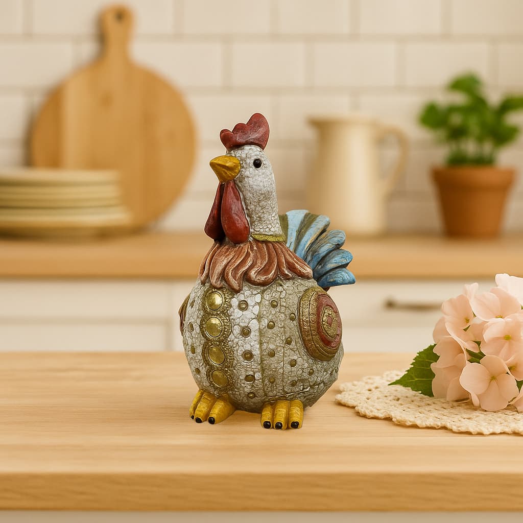 Galinha Polonesa em Gesso Decorativa 15x9x18cm – Rústica e Charmosa para Cozinha ou Sala