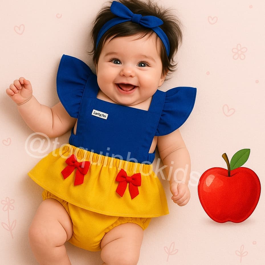 Jardineira romper bebê menina branca de neve festa mêsversario ensaio fotográfico