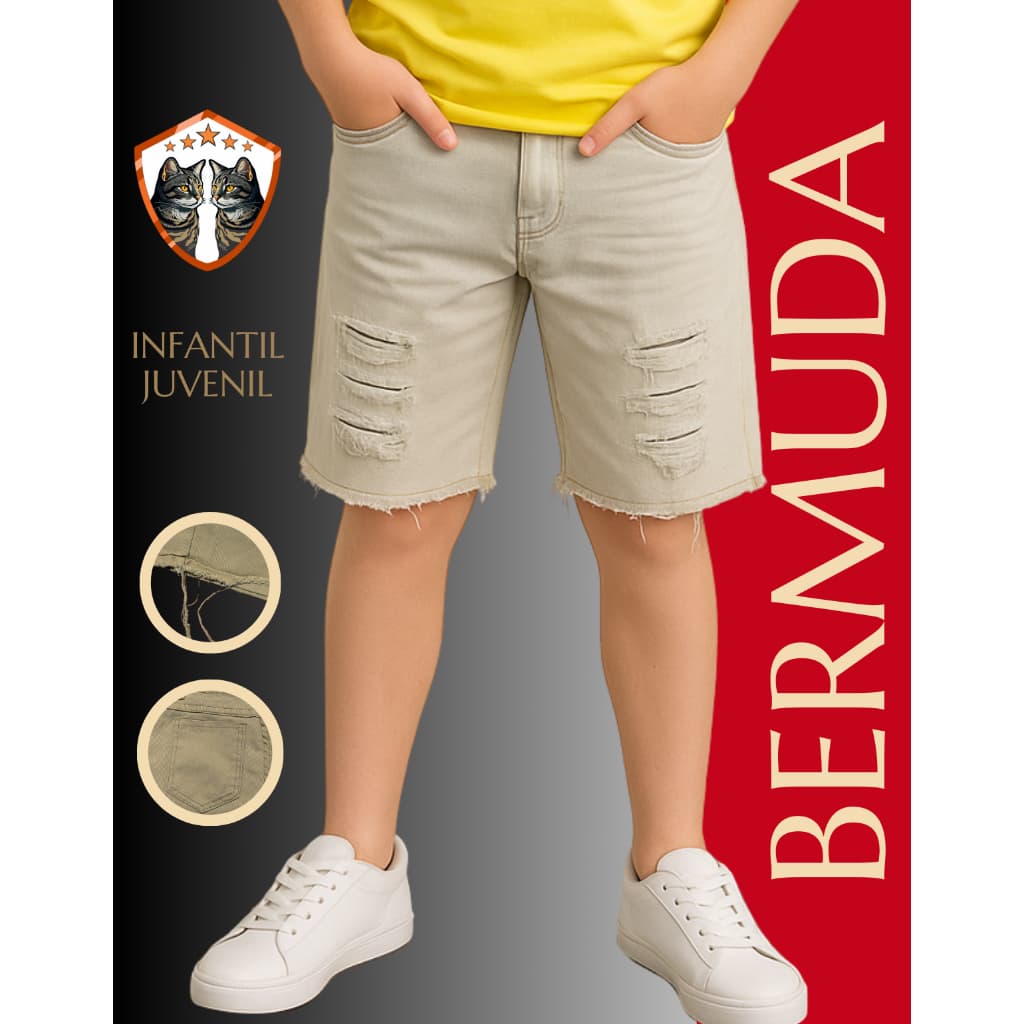 Bermuda Jeans Sarja Destroyed Infantil Juvenil Masculina – Look Urbano Tamanhos 2 4 6 8 10 12 14 16