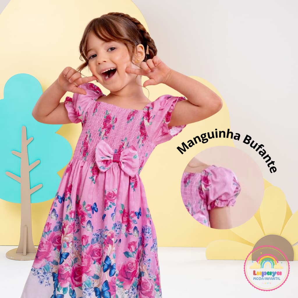 Vestido infantil menina de festa estampa jardim encantado rosa com borboletas de princesa barato