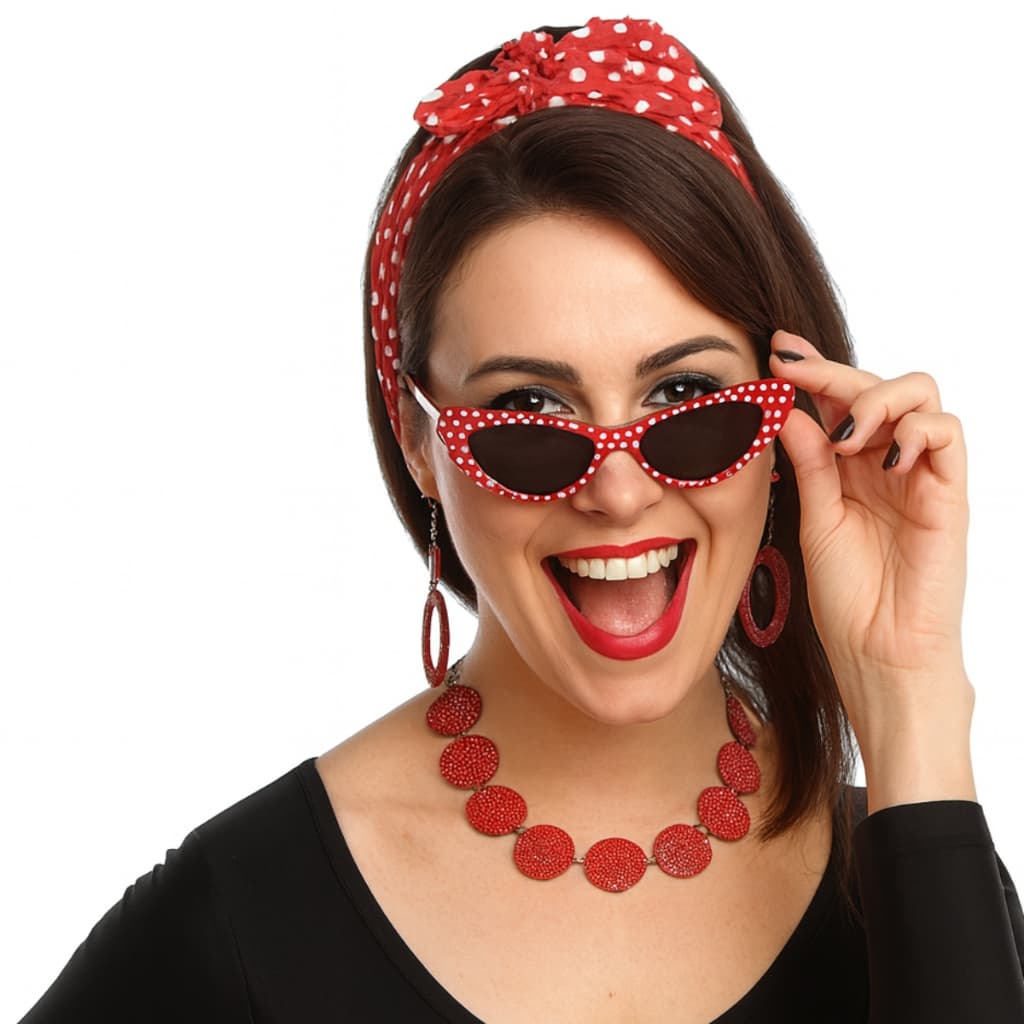 BAMBULUÁ Kit Fantasia Retrô Festa 5 Acessórios Anos 50/60/70 Vintage Rockabilly Óculos Lenço Brincos
