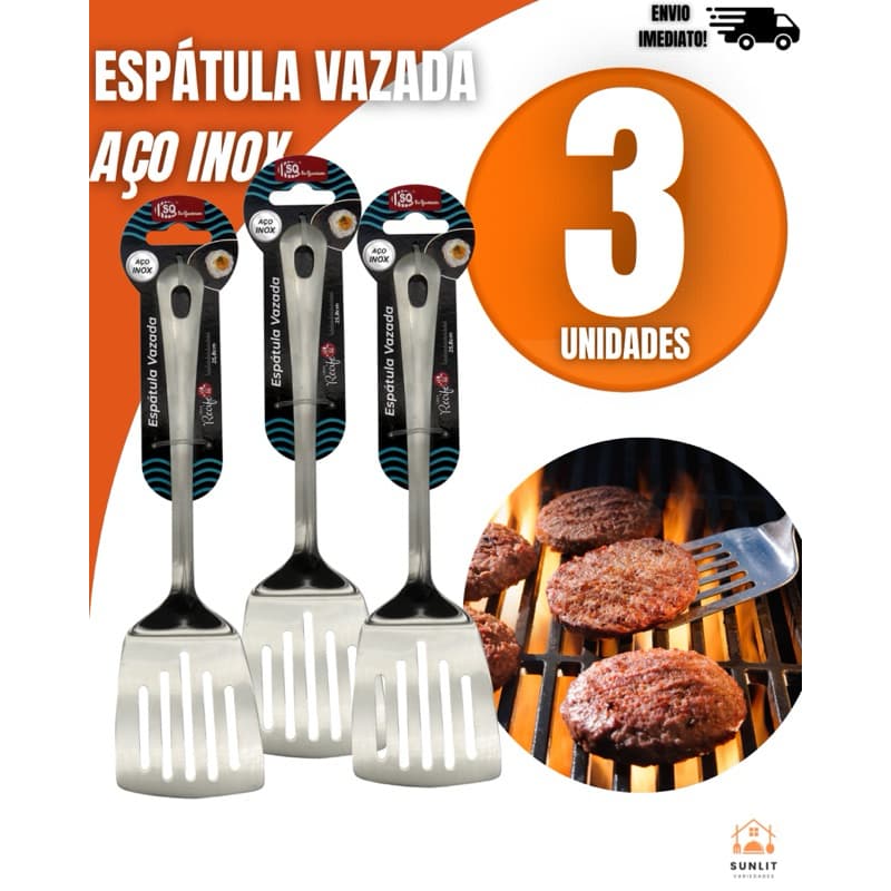 Espátula Vazada Inox – Churrasco Utensílio Resistente para Cozinhar, Virar Alimentos e Servir Essencial A