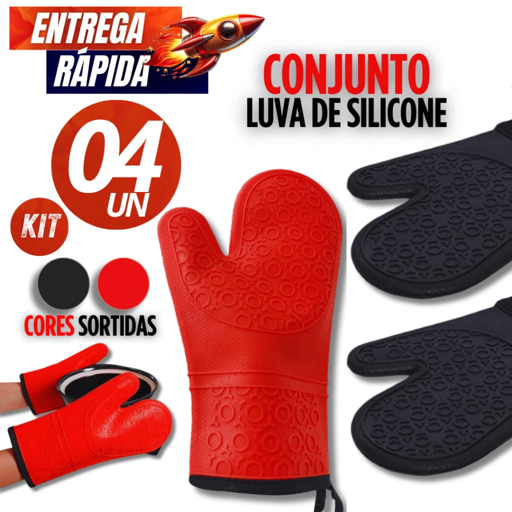 KIT 04/02  Unidades - Luva Térmica Cozinha De Silicone Com Forro Para Forno Premium Variáveis Utilidades