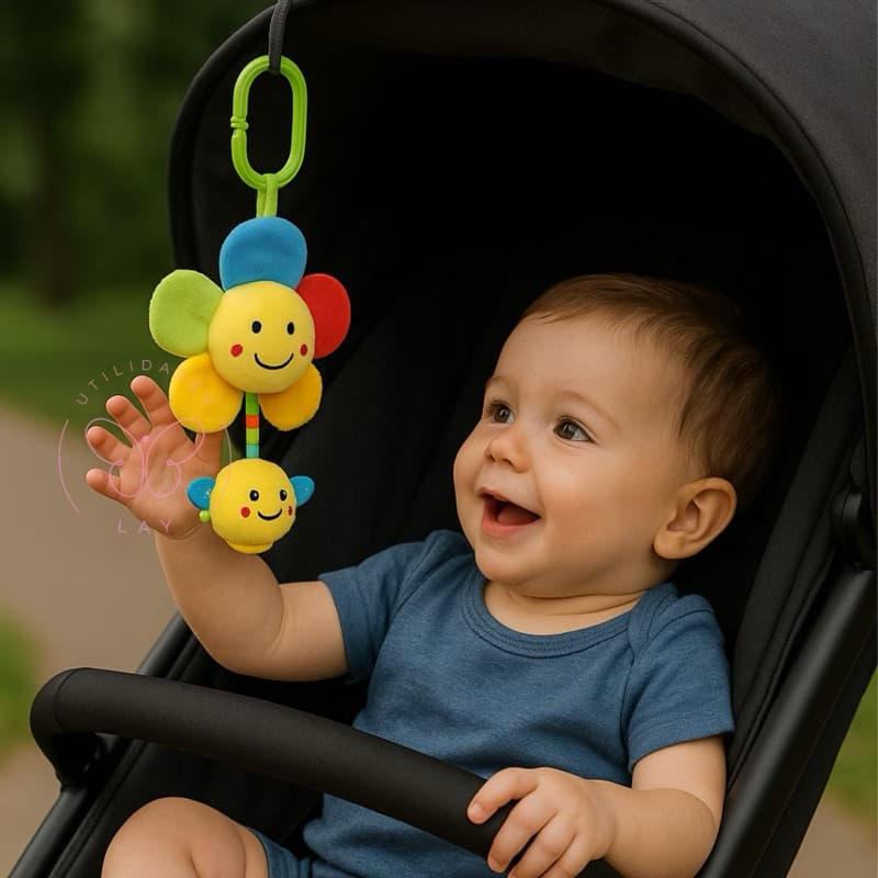 Mobile Para Carrinho Berço Flor Mordedor  Crianças Pelúcia, Sensorial de corda vibratória e mordedor