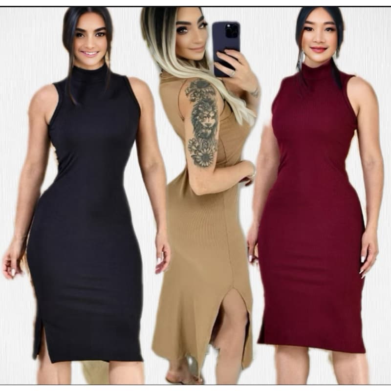 Vestido Midi Regata Gola Alta Com Fenda Vestido Feminino Com Abertura Lateral Canelado Ana Ruga P ao GG