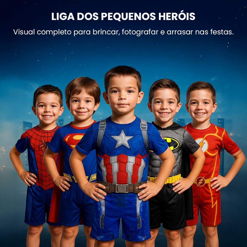 Fantasia Infantil Menino Super Heróis Aniversário Hulk Homem-Aranha Superman Batman Flash