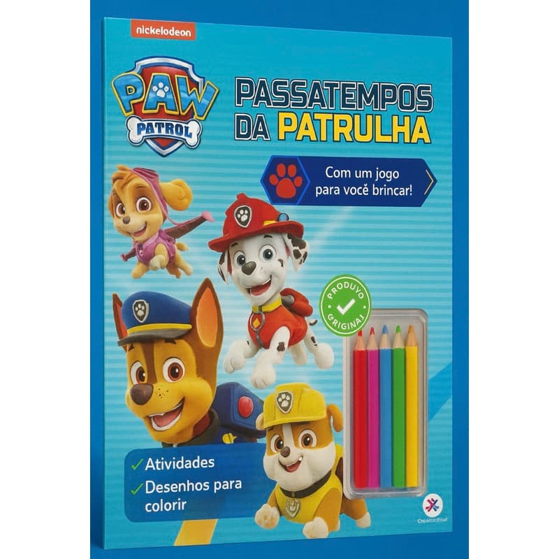 Livro Infantil Paw Patrol Passatempos da Patrulha + 6 Lápis de Cor – Atividades e Desenhos para Colorir