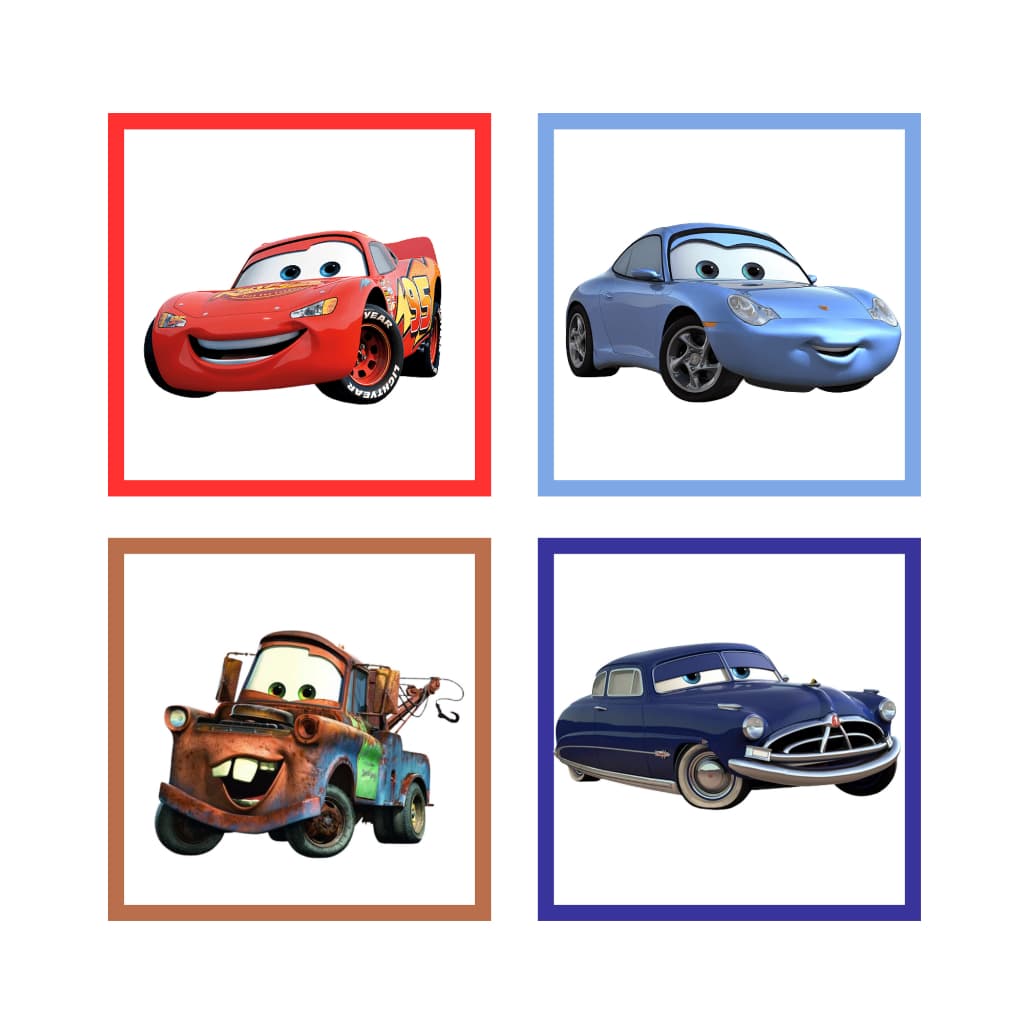 KIT 4 QUADROS CARROS - 20x20 cm - Quadro decorativo Mdf - Filme - Animação - Infantil - Vinil