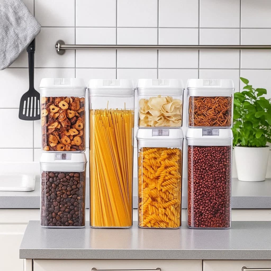 Kit 7 Potes Empilhável Herméticos Transparente Resistente Cozinha Armário Organiza Alimentos Pote Conjunto Acrílico