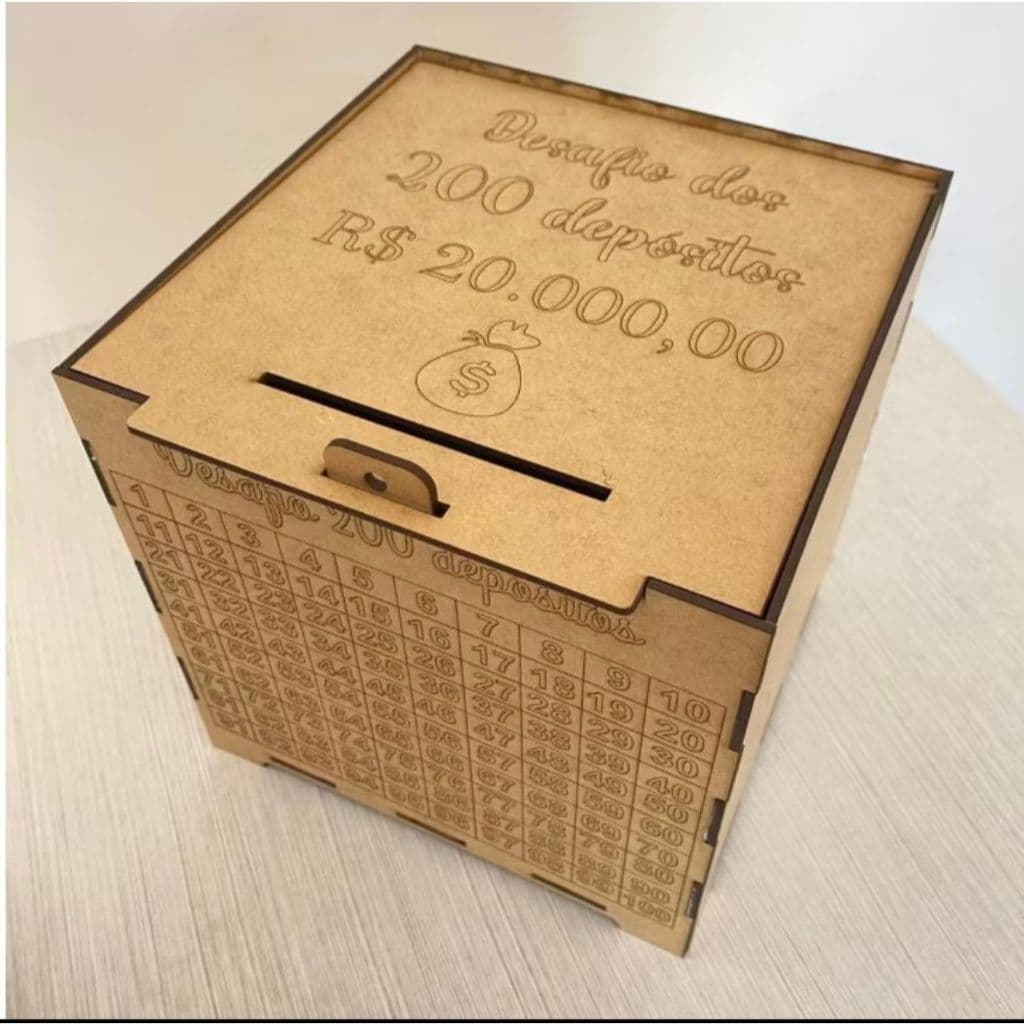 Cofre Desafio de Depósitos em MDF – 100 ou 200 Depósitos – Caixa Organizadora de Dinheiro CRU