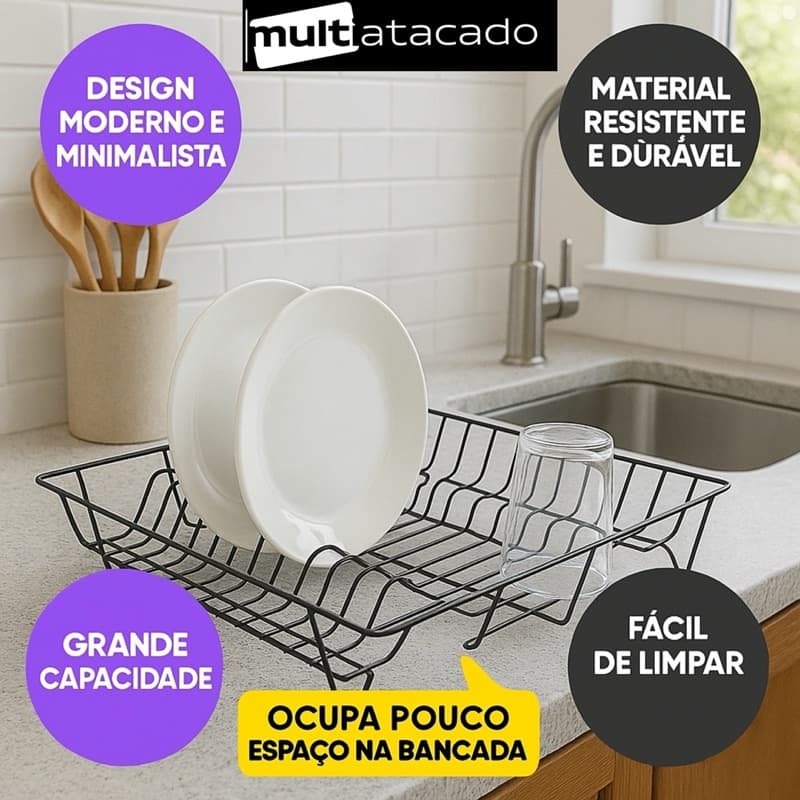 Escorredor Organizador Louça Pia Cozinha Bancada  Pratos Talheres Copos Compacto Preto Escorredor