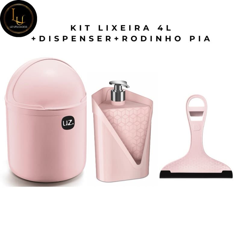 KIT LIXEIRA 4L + DISPENSER 500ML + RODINHO DE PIA UZ. plástico