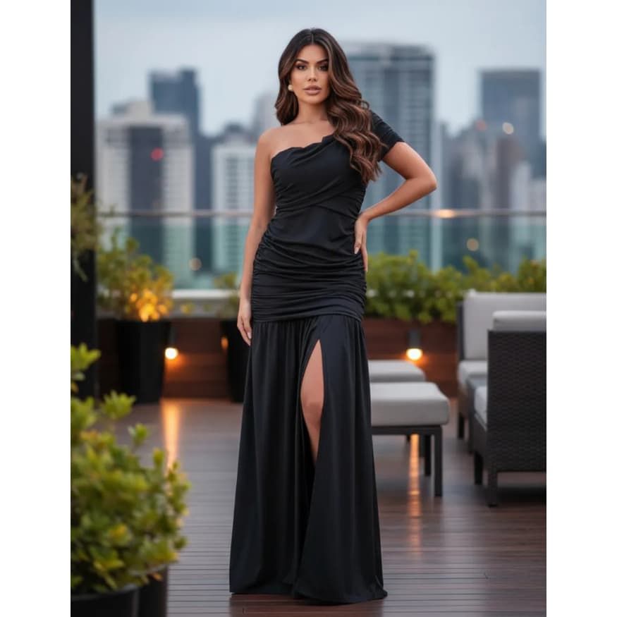 Vestido Longo Festa Formatura Convidada Casamento Elegante Fenda Lateral Manga Única Drapeado Elegante