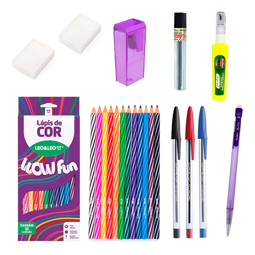 Kit Escolar Volta às Aulas Menina-Material Escolar-Lápis de Cor-Lapiseira-Borracha-Caneta-Corretivo