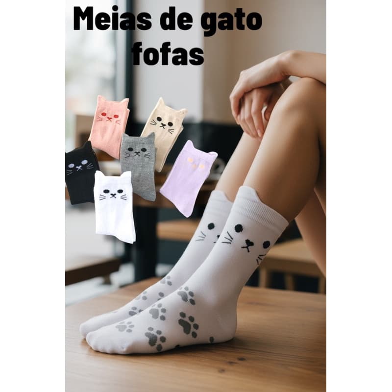 Kit 3/6/12 pares Meias de juvenil femininas fofas com estampa de gatinho, tamanho 29-35