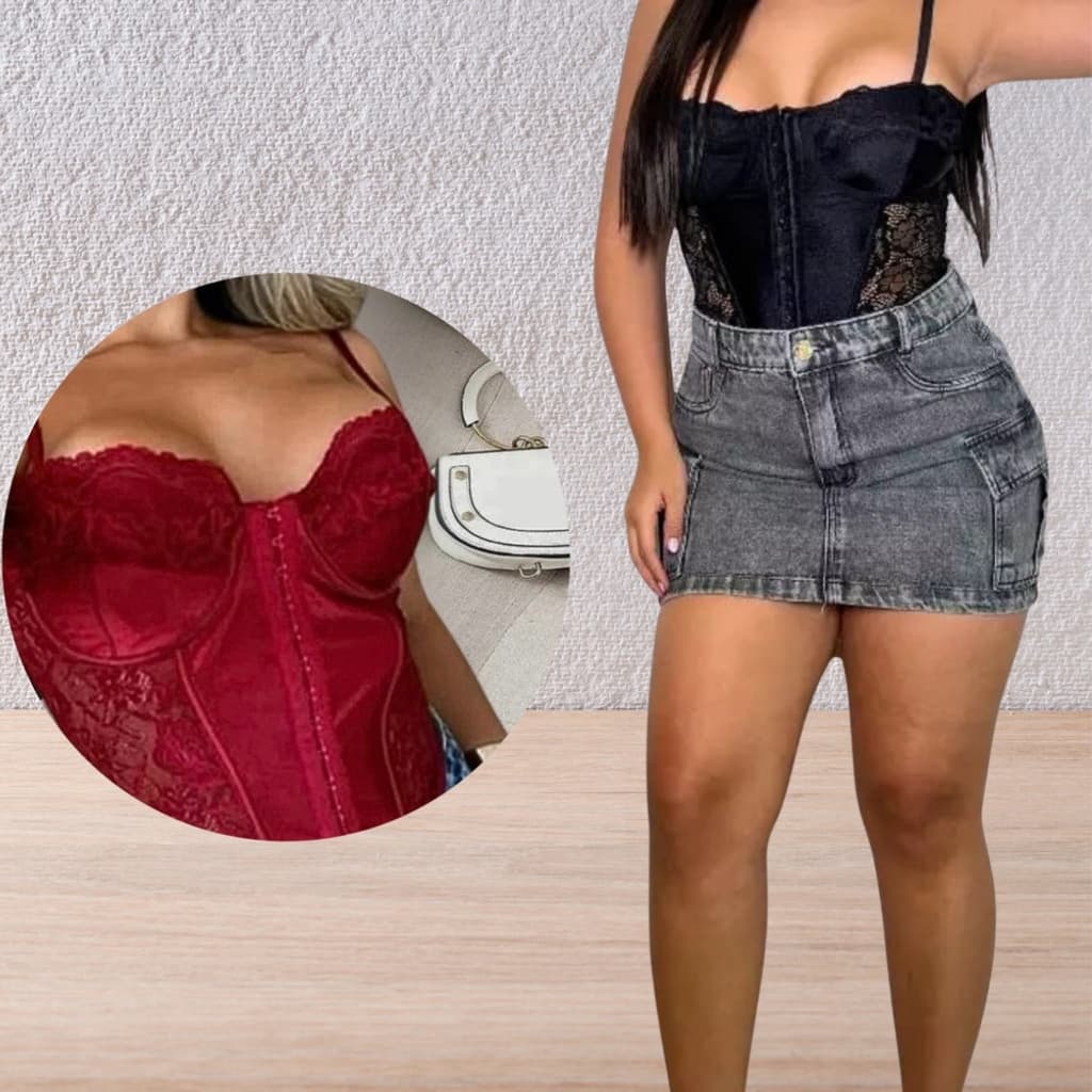 KIT 2 Corselet Cropped Acetinado com regulador  Vermelho e Preto  - Renda-se à feminilidade.