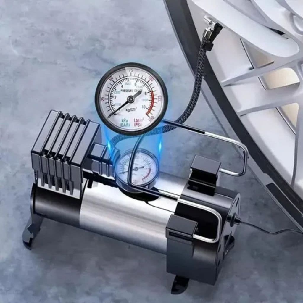 Compressor Veicular De Ar Portátil 12V Com Manômetro Encher Pneu Bike Carro Ônibus