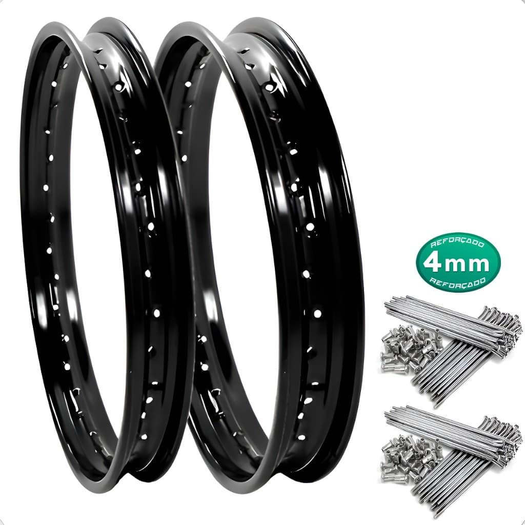 Par Aro Roda Calha Folha Jante Preto Aço Pro Tork Preto Bros 160 Honda Xre 190 Esdd C/ Raios 4mm