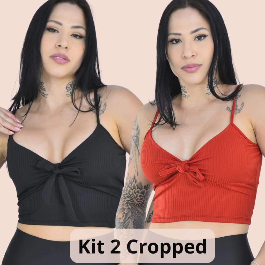 Kit 2 Cropped Top Feminino Canelado Alça Fina Frente Laço P ao GG